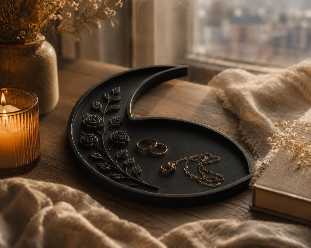 Gothic Crescent Moon Tray, Victorian Jewelry Dish, Raven Altar Organizer