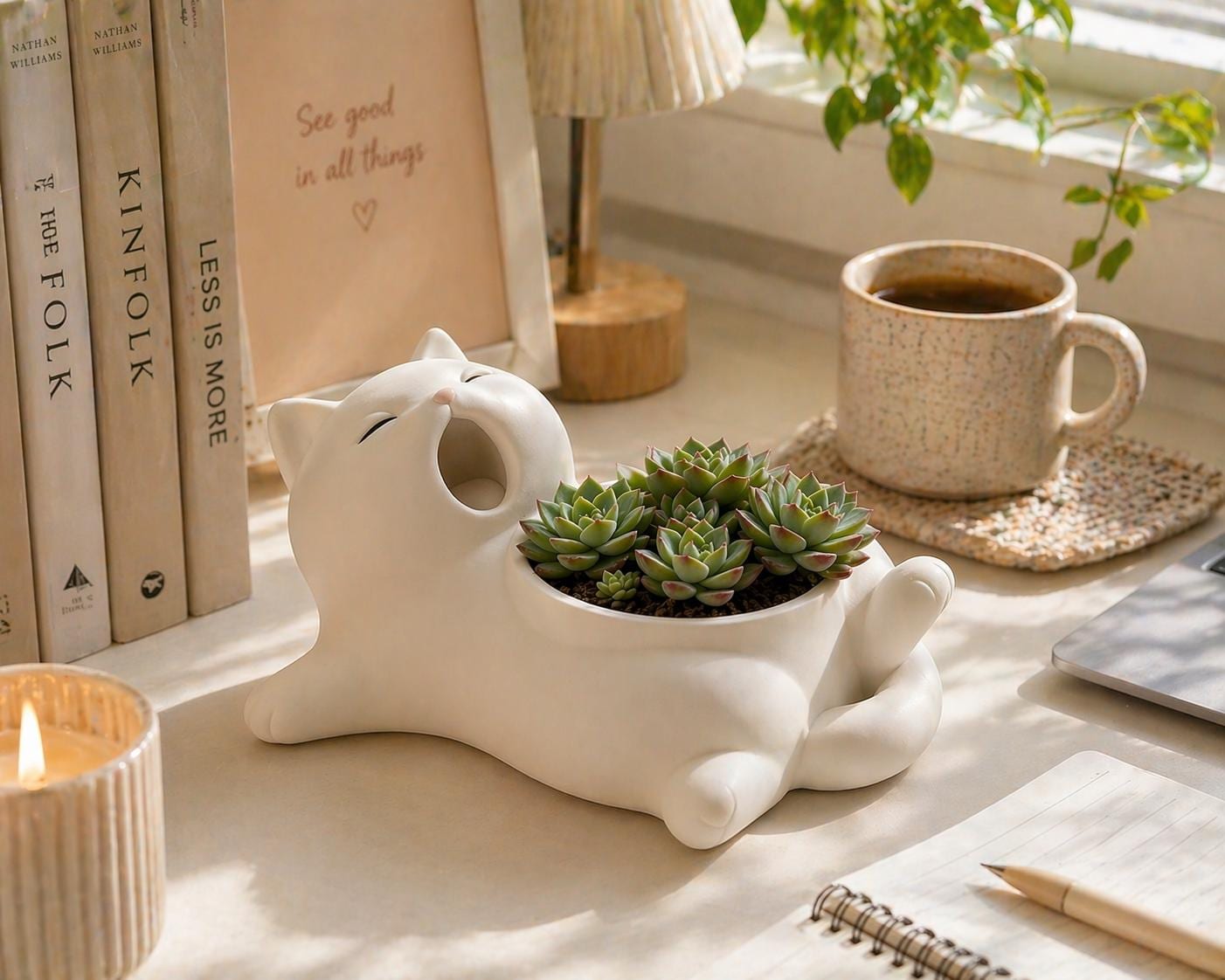 Sleepy Yawning Cat Planter, Succulent Pot, Cozy Desk Decor, Garden Decor