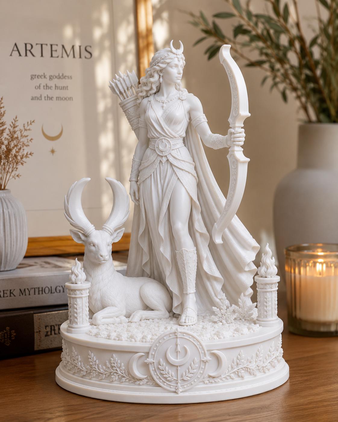 Artemis Greek Goddess Statue, Huntress Moon Deity Sculpture, White Pagan Altar Decor