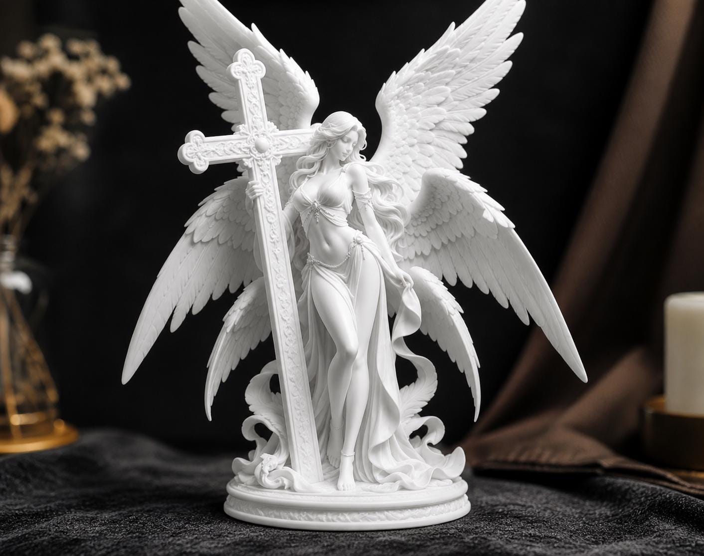 Guardian Archangel Angel Statue with cross , Gothic Meditation Sculpture, Fantasy Spiritual Decor