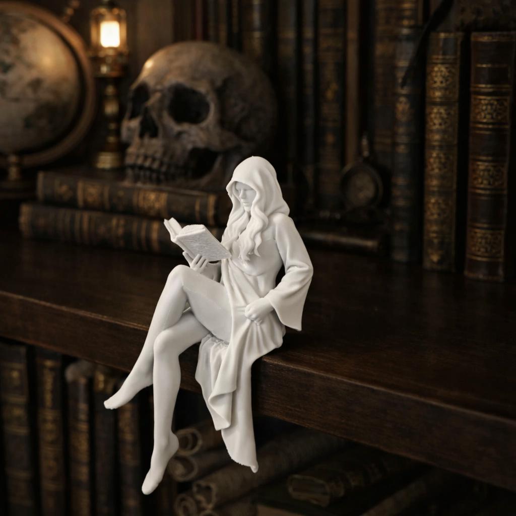 Dark Academia Book Nook Figurine, Hooded Woman Reading, Gothic Library Decor