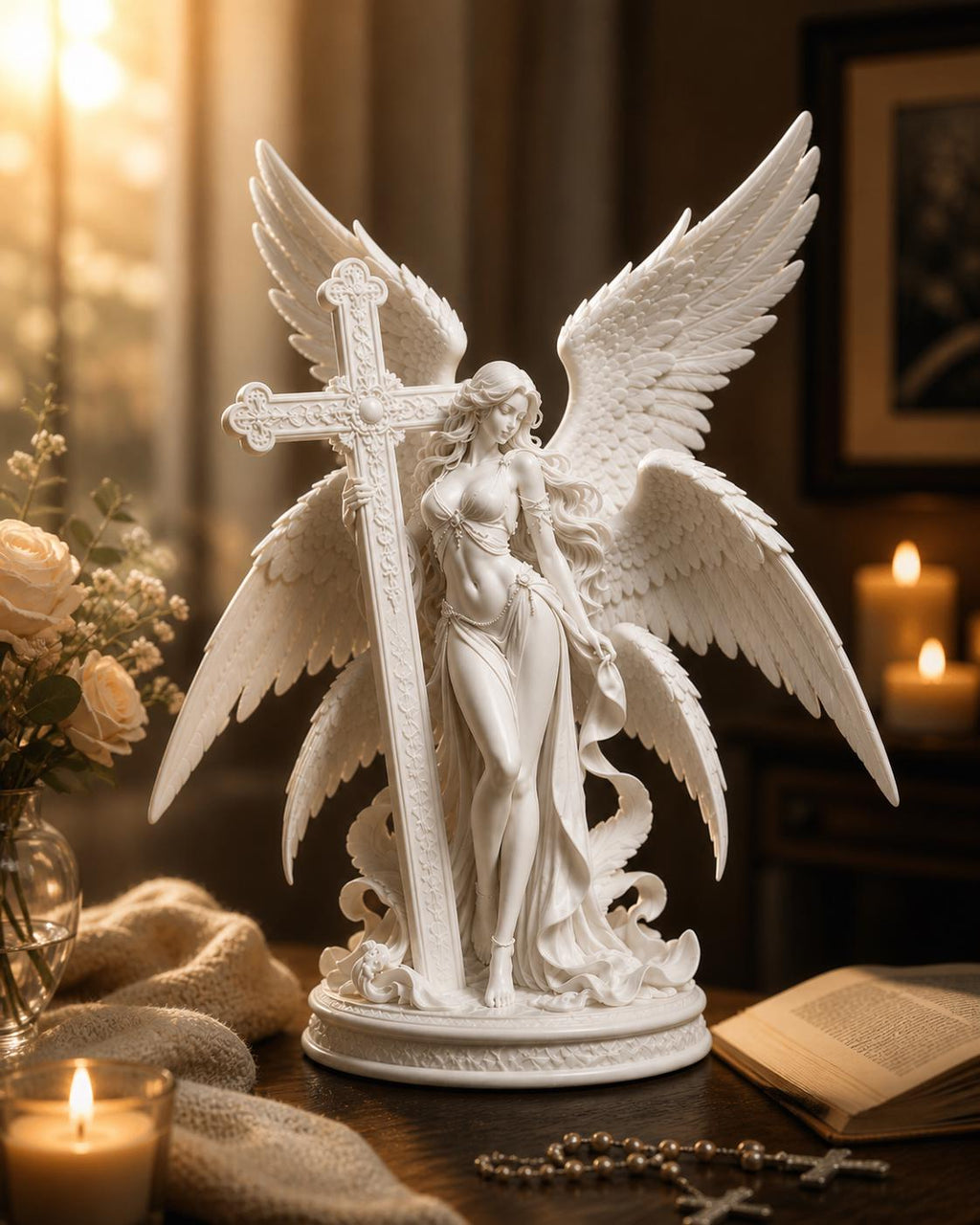 Guardian Archangel Angel Statue with cross , Gothic Meditation Sculpture, Fantasy Spiritual Decor