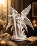 Guardian Archangel Angel Statue with cross , Gothic Meditation Sculpture, Fantasy Spiritual Decor