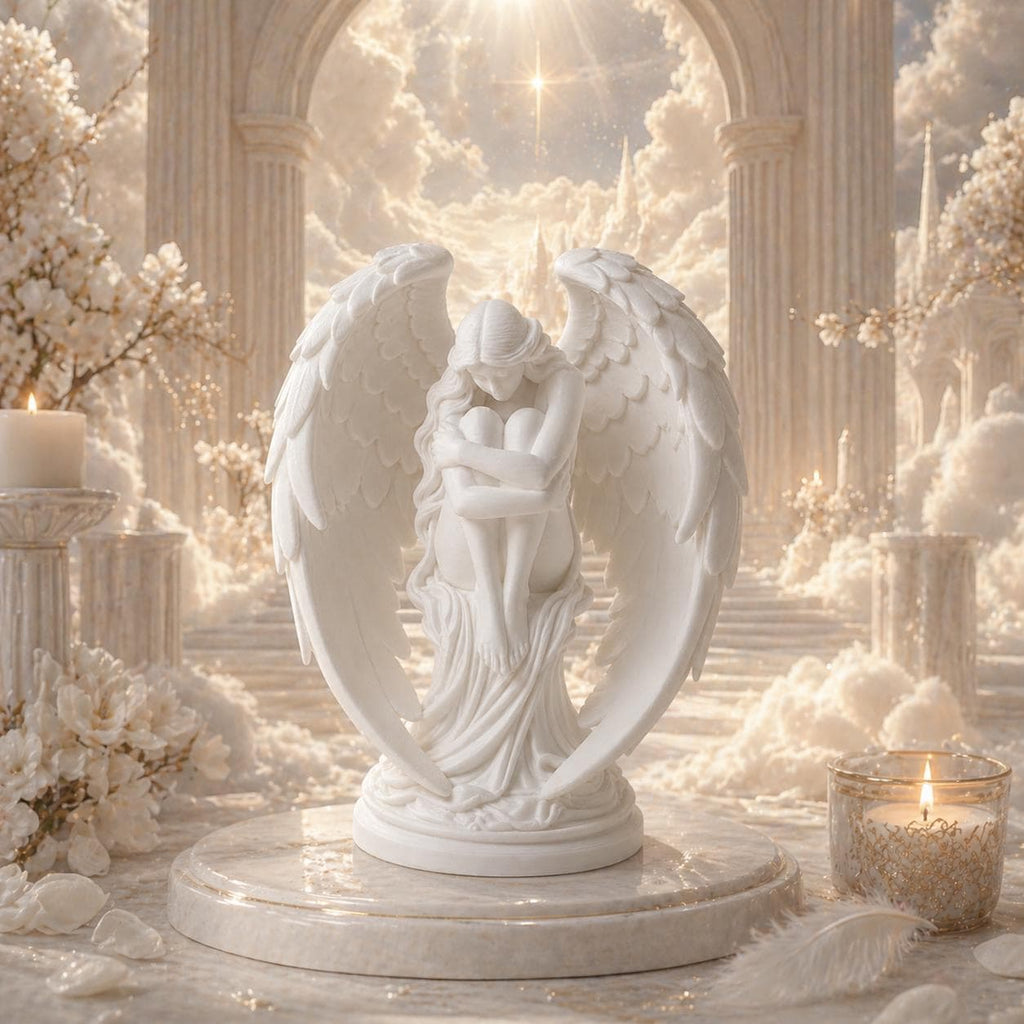 Fallen Guardian Angel Sculpture – White Winged Figurine, Celestial Home Decor