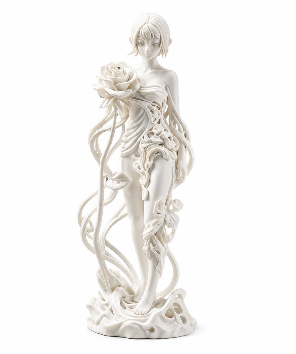 Rose Goddess Statue, Dark Feminine Sculpture, Anime Style Shelf Decor, Romantic Accent