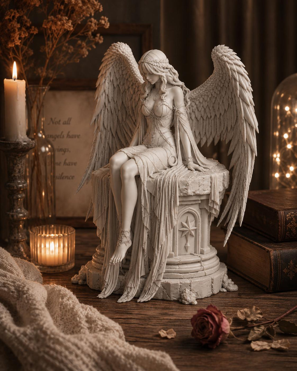 Dark Guardian Angel Statue, Gothic Fantasy Shelf Decor, White Angel Figurine