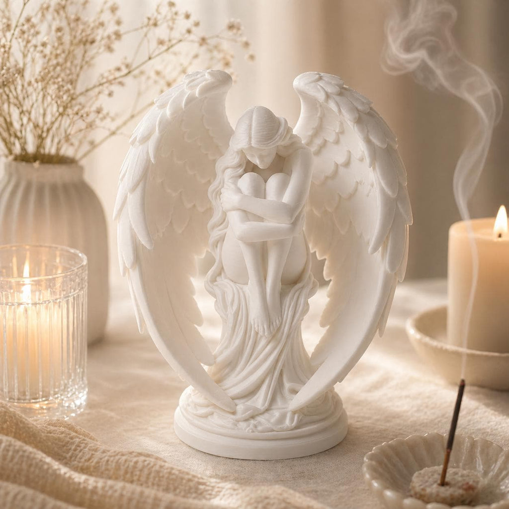 Fallen Guardian Angel Sculpture – White Winged Figurine, Celestial Home Decor