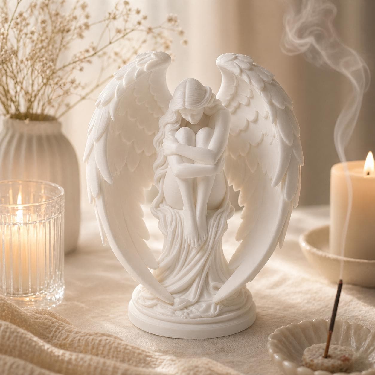 Fallen Guardian Angel Sculpture – White Winged Figurine, Celestial Home Decor