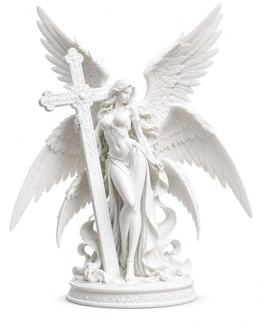 Guardian Archangel Angel Statue with cross , Gothic Meditation Sculpture, Fantasy Spiritual Decor