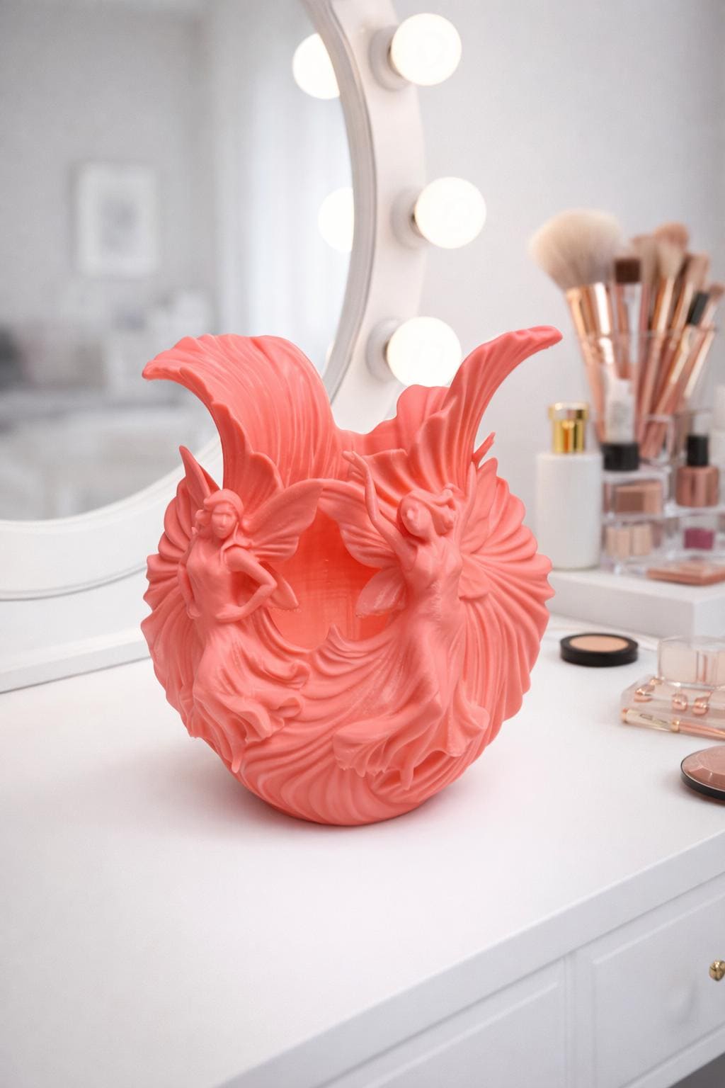 Fairy Makeup Brush Holder, Pink/White Vanity Decor, Fantasy Brush Cup, Beauty Storage Organizer