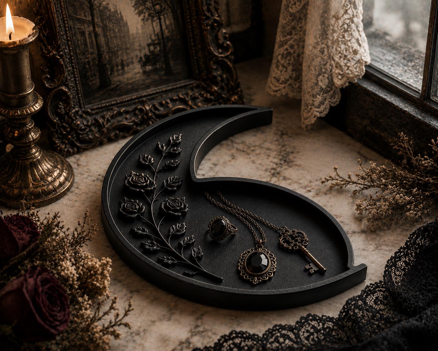 Gothic Crescent Moon Tray, Victorian Jewelry Dish, Raven Altar Organizer