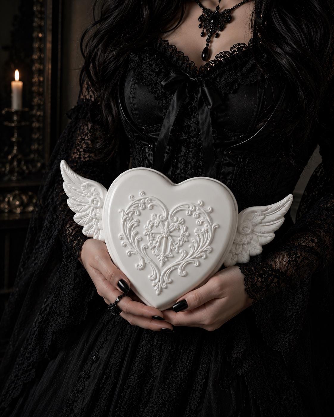 Gothic Angel Heart Jewelry Box, Winged Heart Trinket, Romantic Vanity Decor, Victorian Keepsake