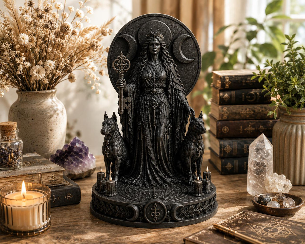 Hecate Triple Moon Statue, Gothic Witch Altar Decor, Dark Feminine Pagan Shelf Accent