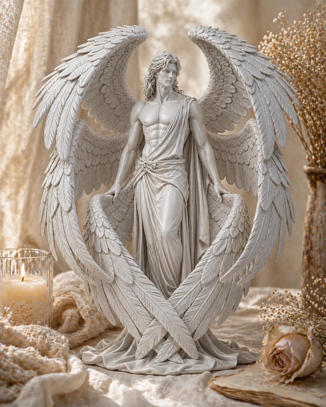 Guardian Angel Sculpture – White Male Winged Figurine, Celestial Home Decor