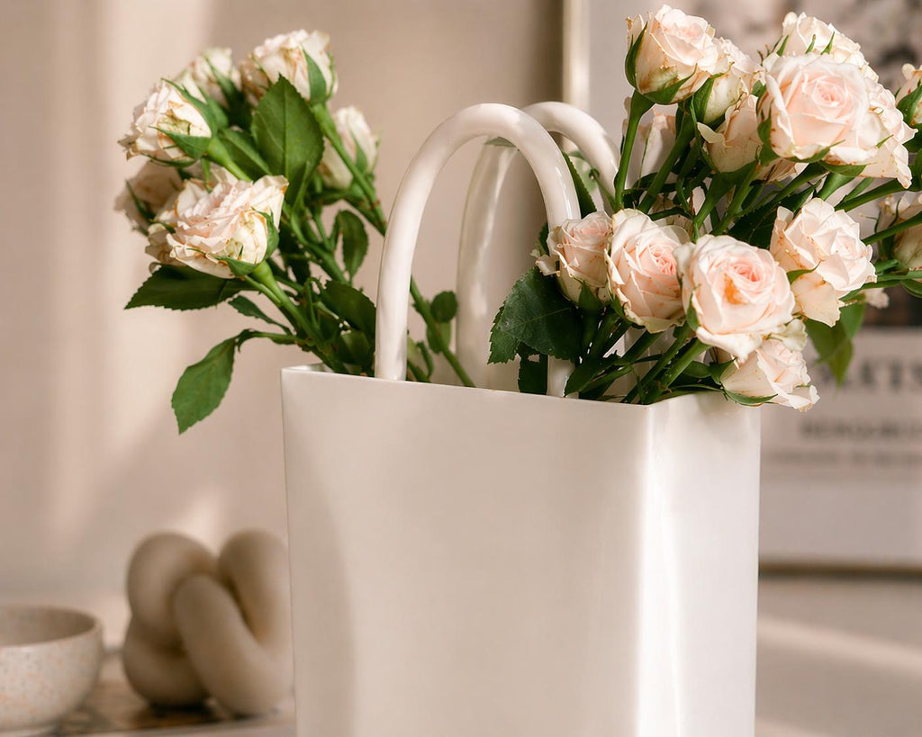 White Tote Bag Vase, Minimalist Ceramic Look, Modern Home Decor