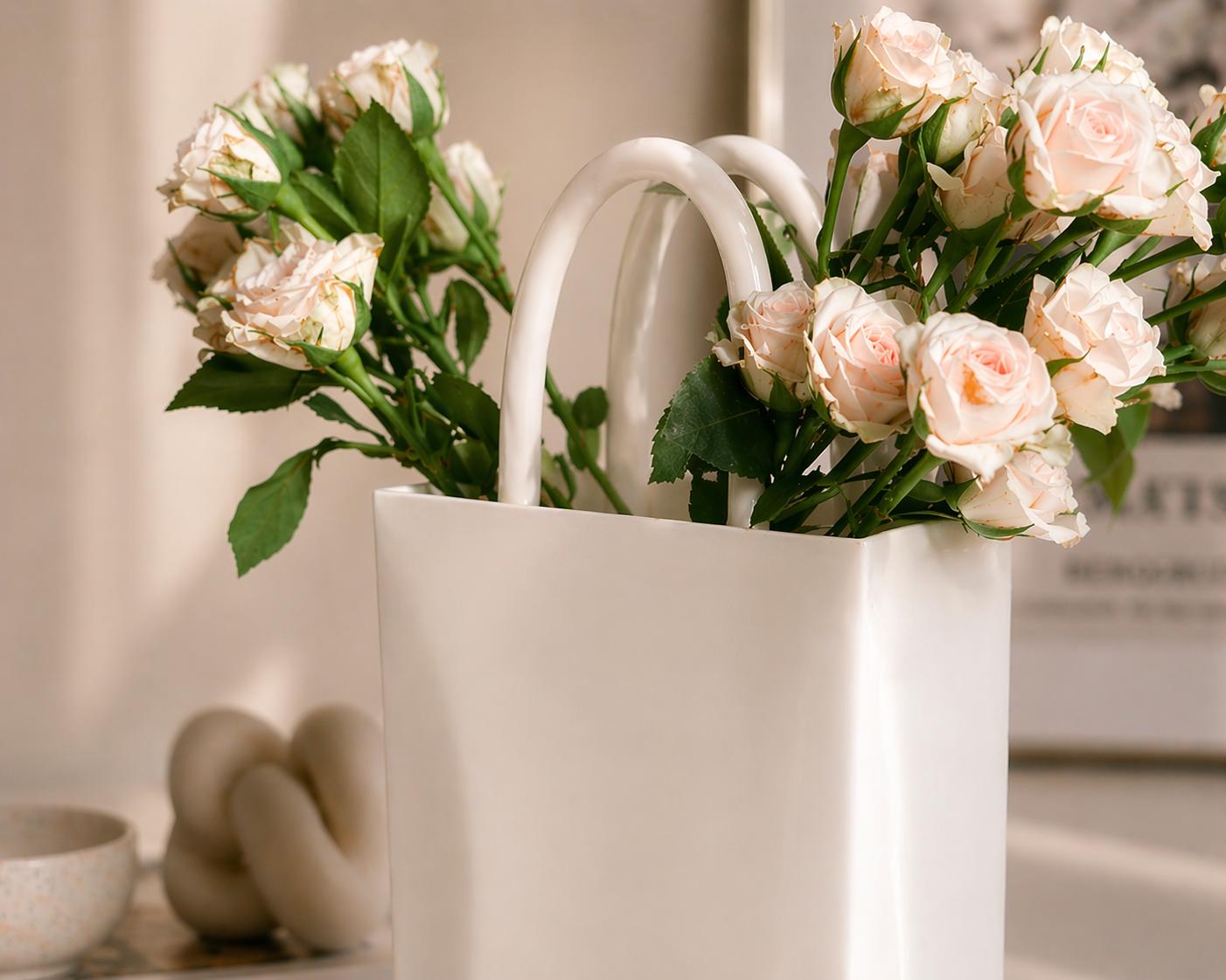 White Tote Bag Vase, Minimalist Ceramic Look, Modern Home Decor