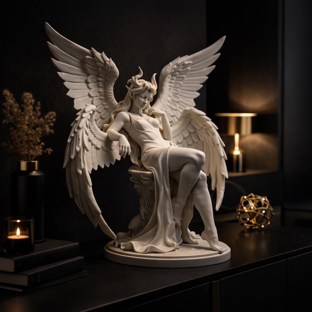 Fallen Angel Statue with Wings & Horns, Dark Fantasy Gothic Decor, Demon Angel Sculpture