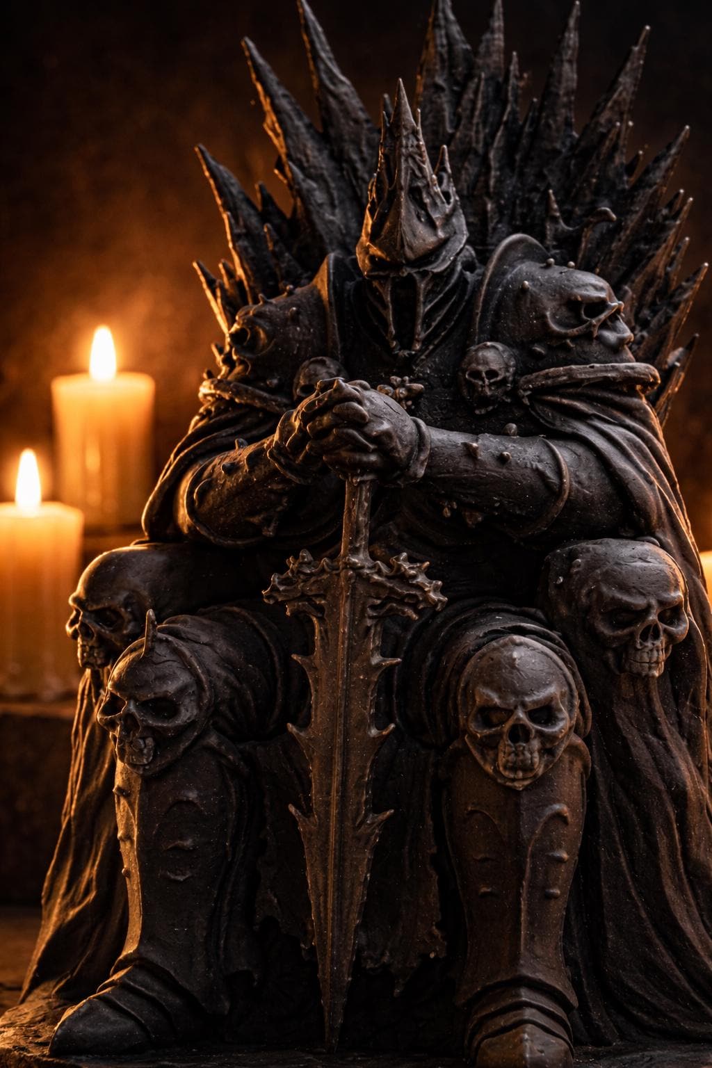 Black Lich King Statue, Dark Fantasy Skull Throne Figure, Game Collectible Decor