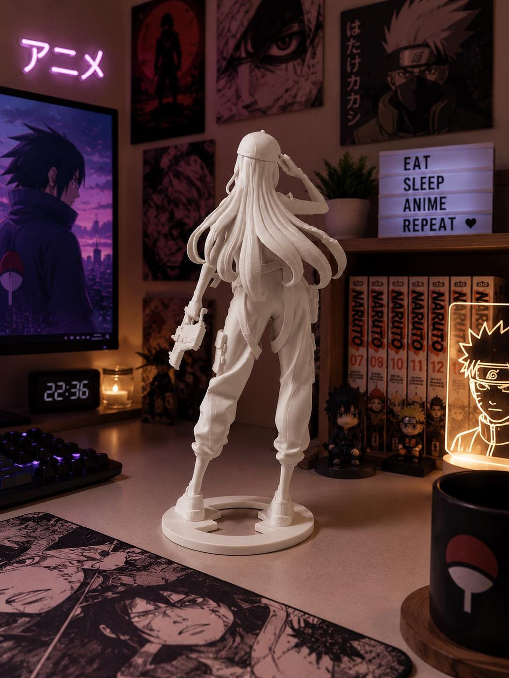 Anime Girl Figurine, 3D Printed Minimalist Sculpture, Otaku Gamer Desk Decor