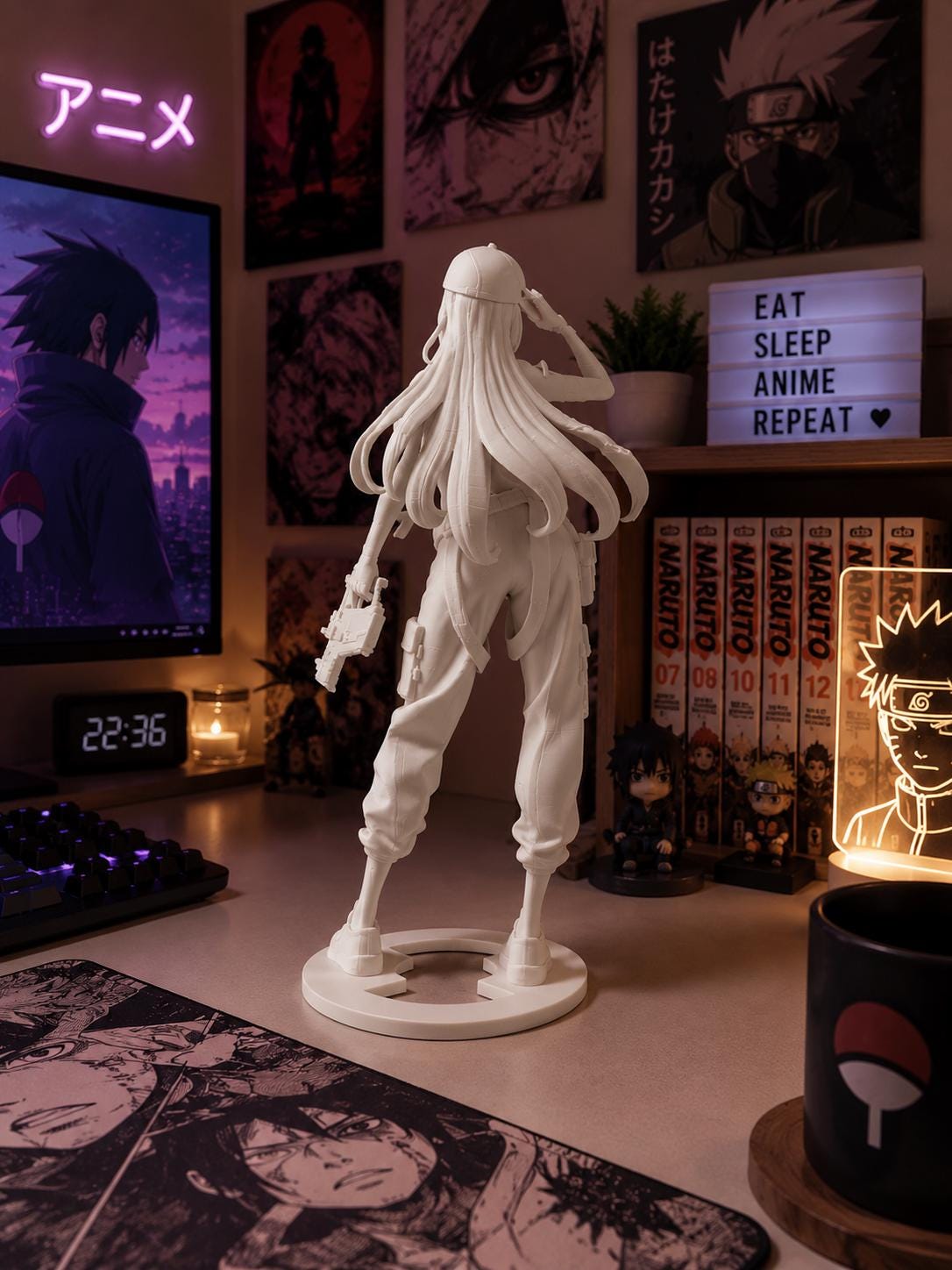 Anime Girl Figurine, 3D Printed Minimalist Sculpture, Otaku Gamer Desk Decor