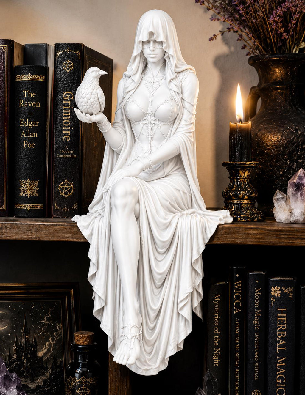 Gothic Raven Shelf Sitter Statue, Dark Feminine Reaper Figurine, Witchy Bookshelf Decor