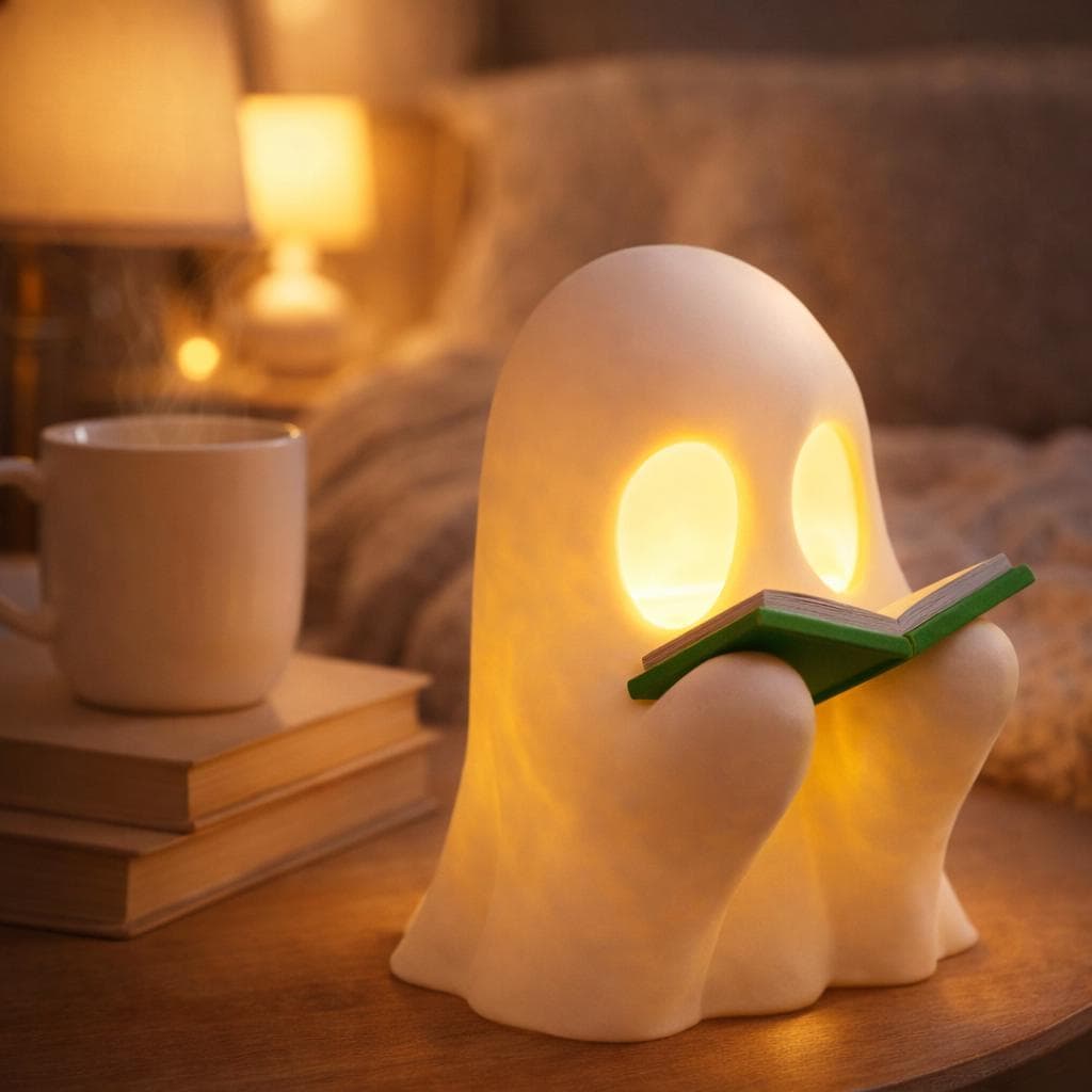 Ghost Tealight Holder, Reading Ghost Lamp, Cozy Halloween Decor, Book Lover Gift