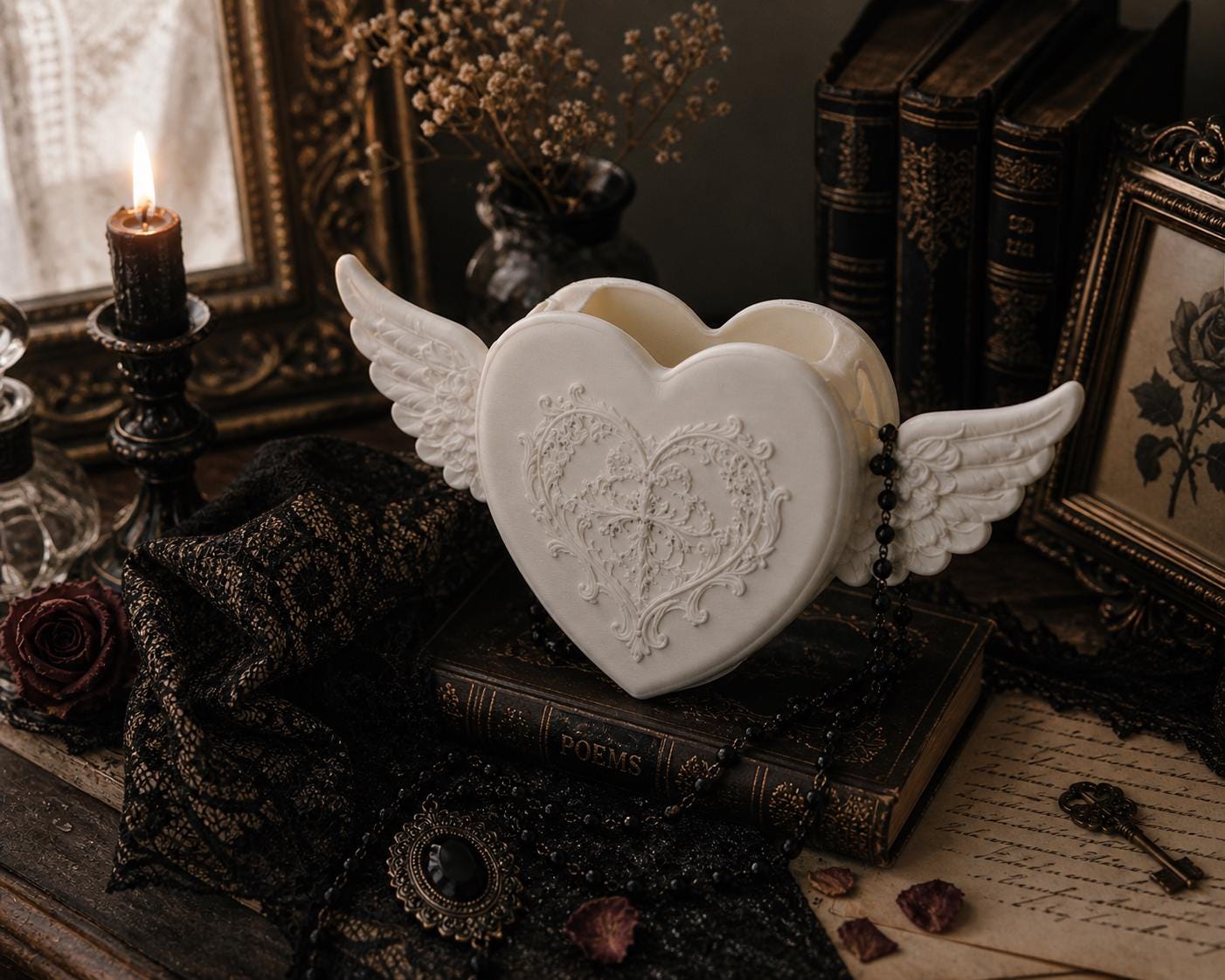 Gothic Angel Heart Jewelry Box, Winged Heart Trinket, Romantic Vanity Decor, Victorian Keepsake