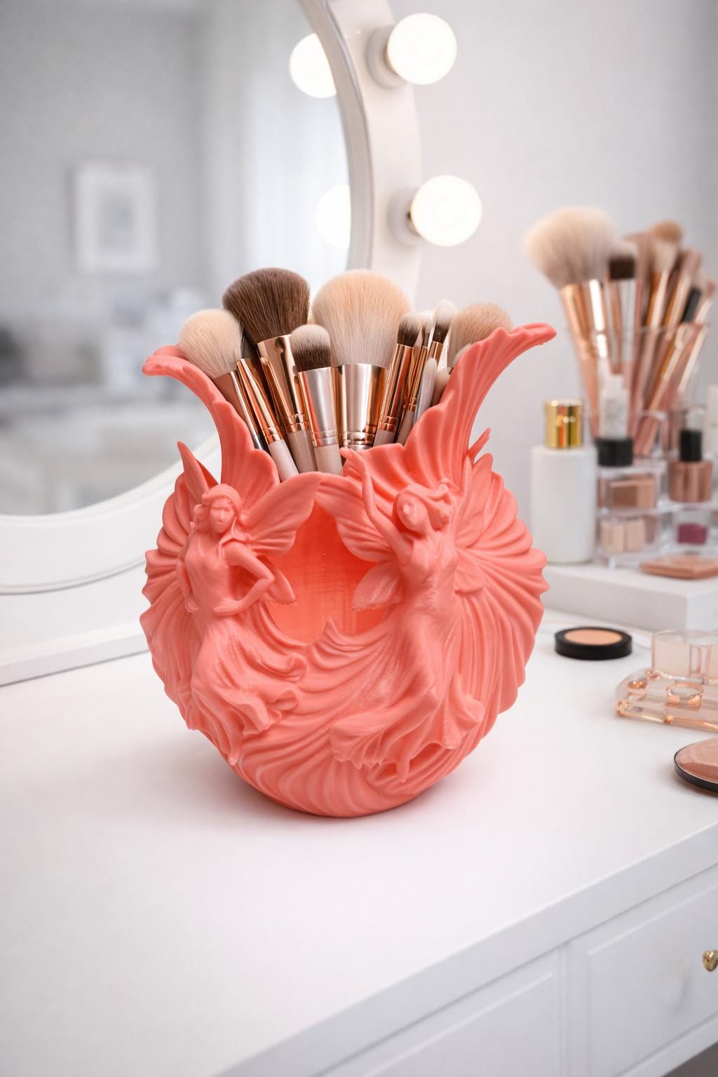 Fairy Makeup Brush Holder, Pink/White Vanity Decor, Fantasy Brush Cup, Beauty Storage Organizer