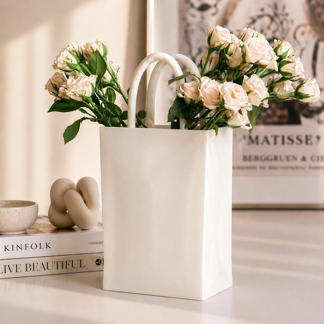 White Tote Bag Vase, Minimalist Ceramic Look, Modern Home Decor