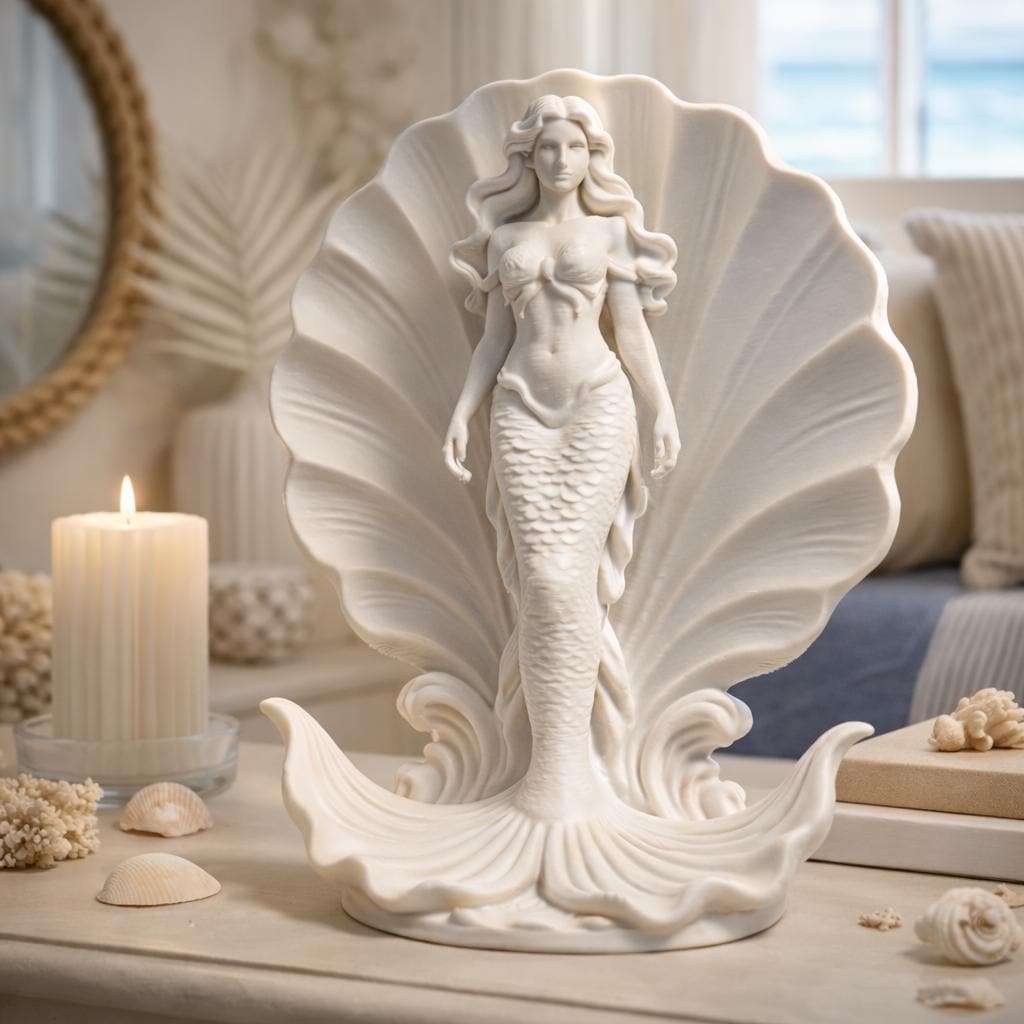 Mermaid Seashell Sculpture, Ocean Inspired Goddess Figure, Coastal Home Decor