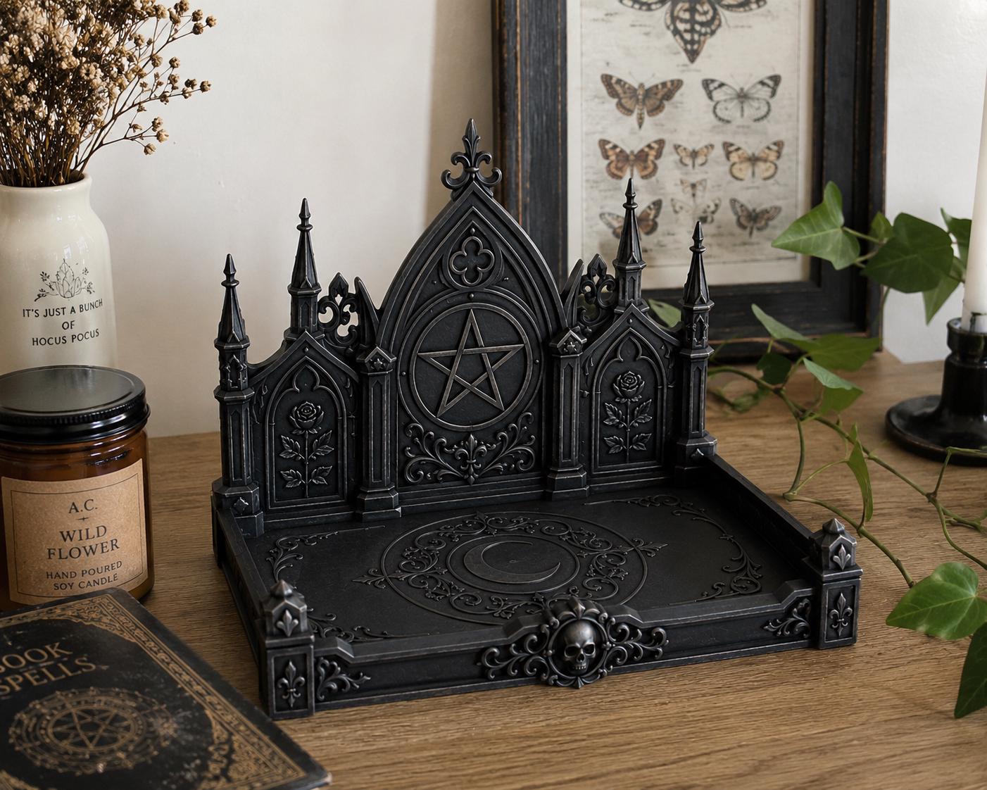 Gothic Witch Altar Tray, Victorian Crystal Display Shelf, Dark Academia Decor