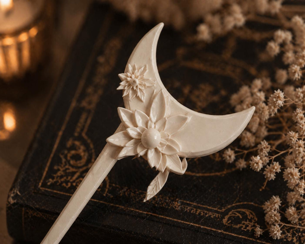 Floral Crescent Moon Hair Pin, Boho Witchy Bun Holder
