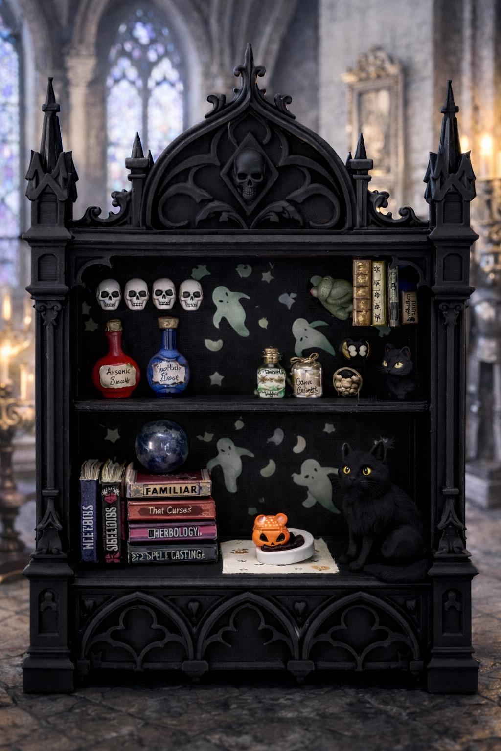 Gothic Book Nook Shelf Decor, Victorian Skull Altar Display, Dark Academia Witchy Home
