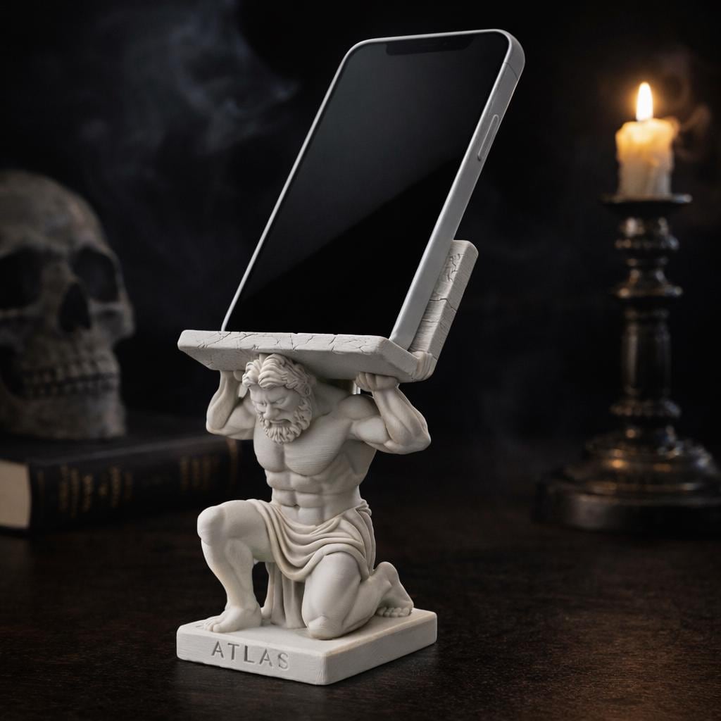 Atlas Phone Holder Sculpture, Greek Mythology Stand, Minimalist White Desk Decor