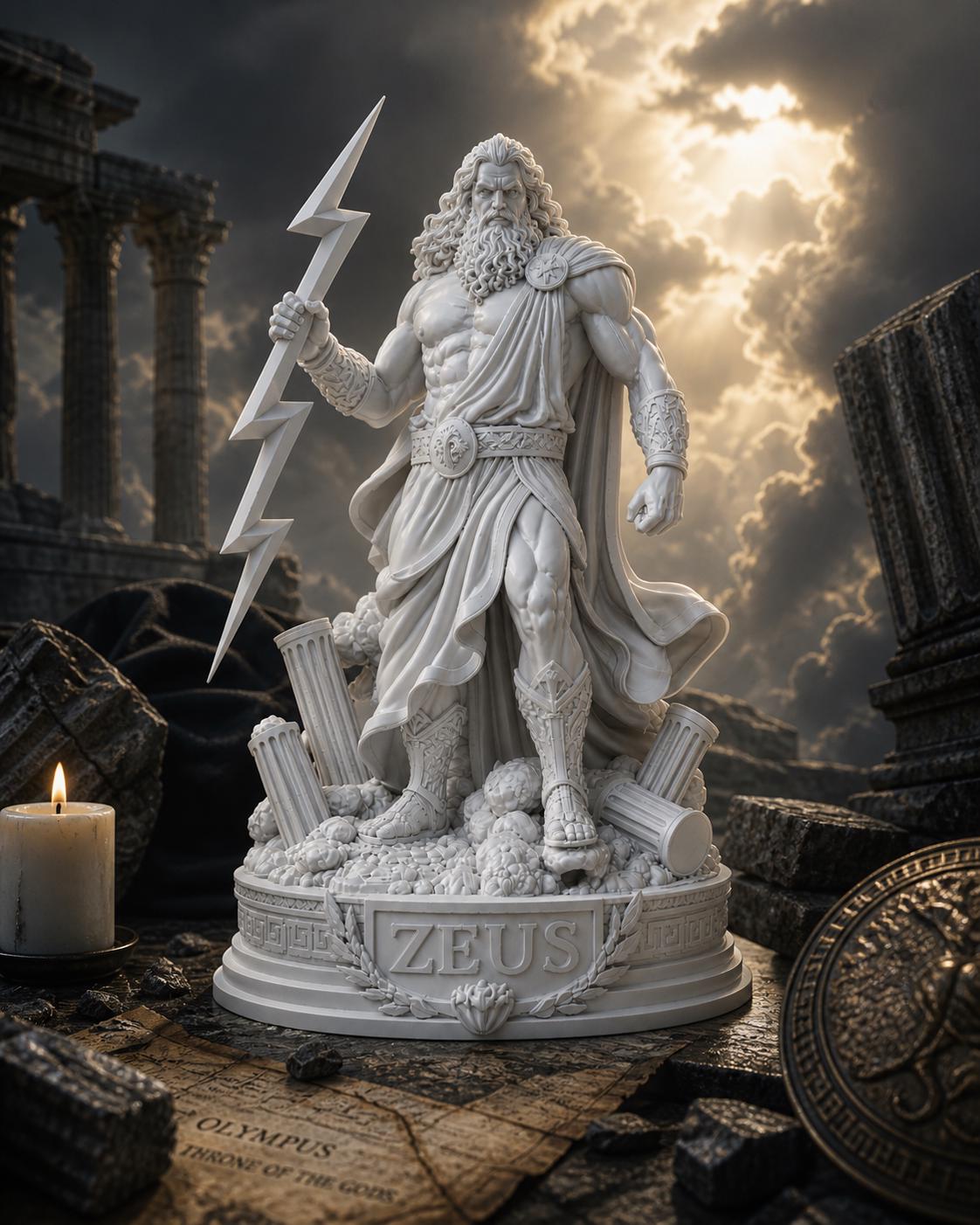 Zeus Statue: Greek God Sculpture with Lightning Bolt, Mythology Decor
