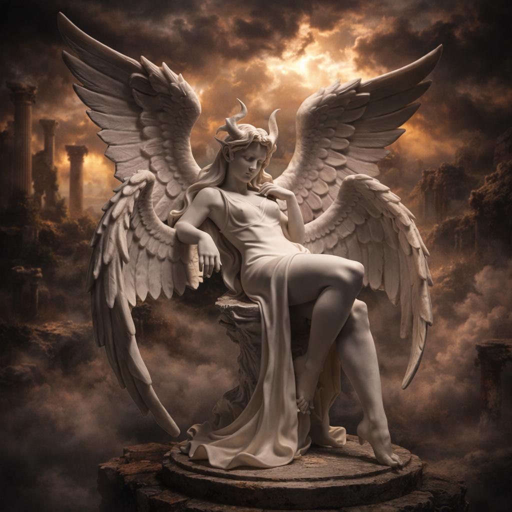 Fallen Angel Statue with Wings & Horns, Dark Fantasy Gothic Decor, Demon Angel Sculpture