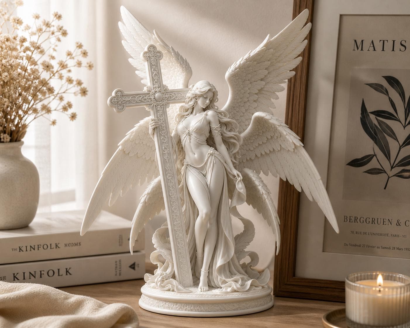 Guardian Archangel Angel Statue with cross , Gothic Meditation Sculpture, Fantasy Spiritual Decor