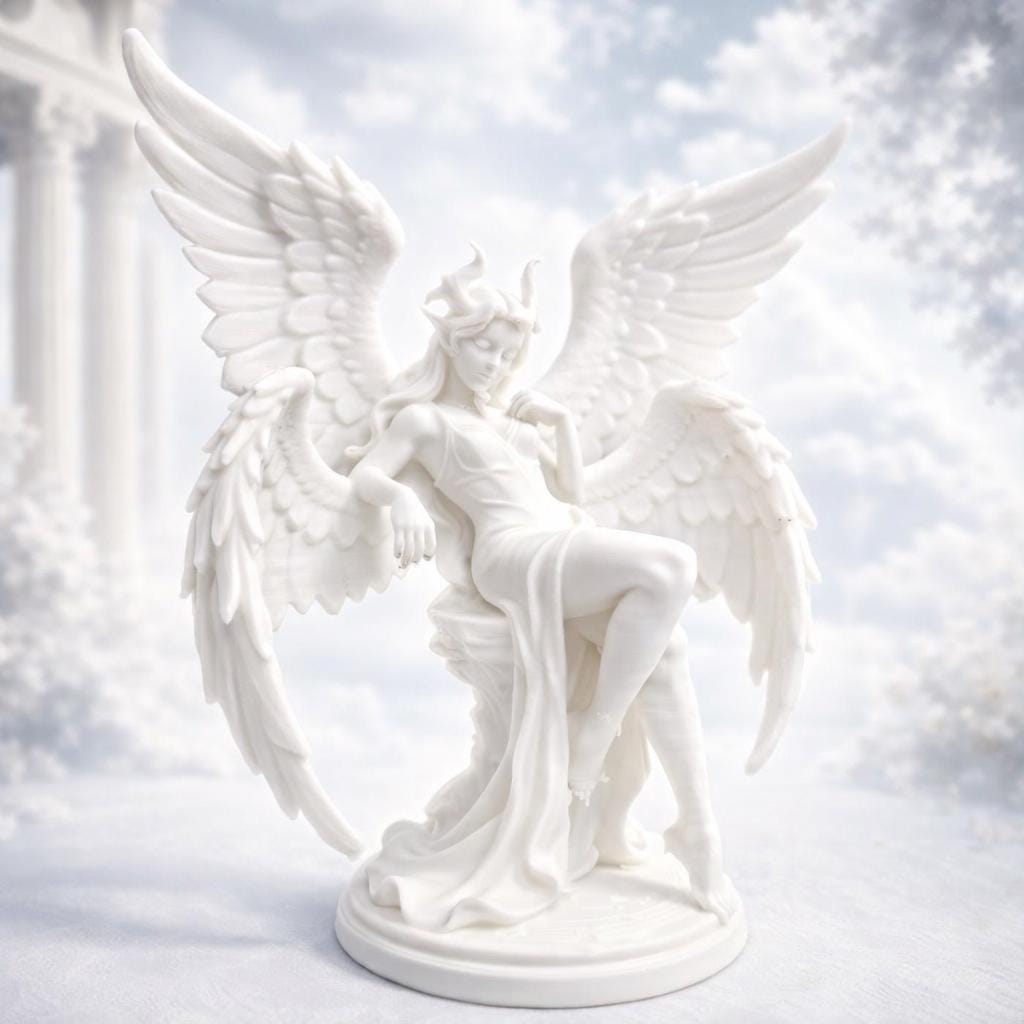Fallen Angel Statue with Wings & Horns, Dark Fantasy Gothic Decor, Demon Angel Sculpture