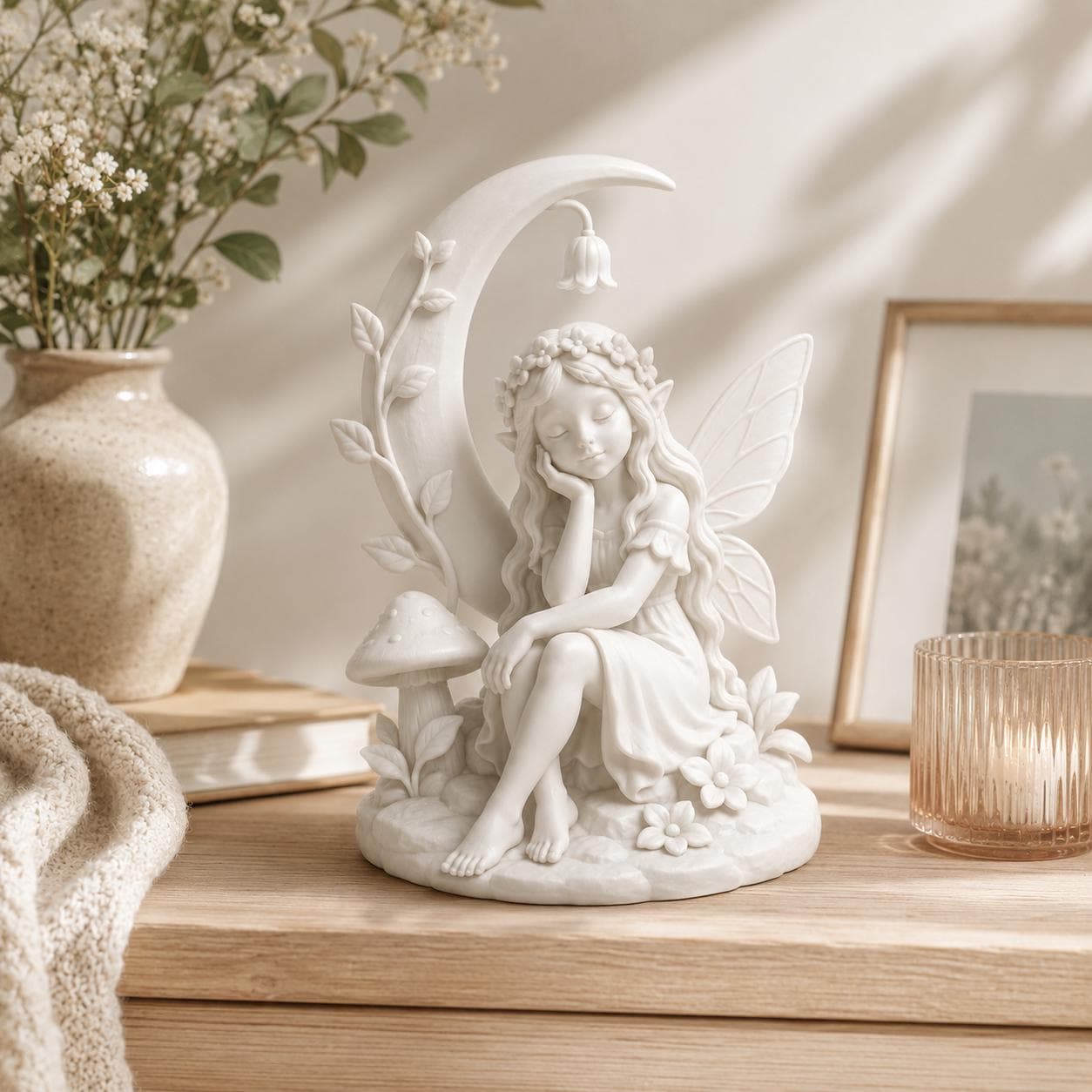 Sleeping Moon Fairy Statue, Whimsical Woodland Cottagecore Decor