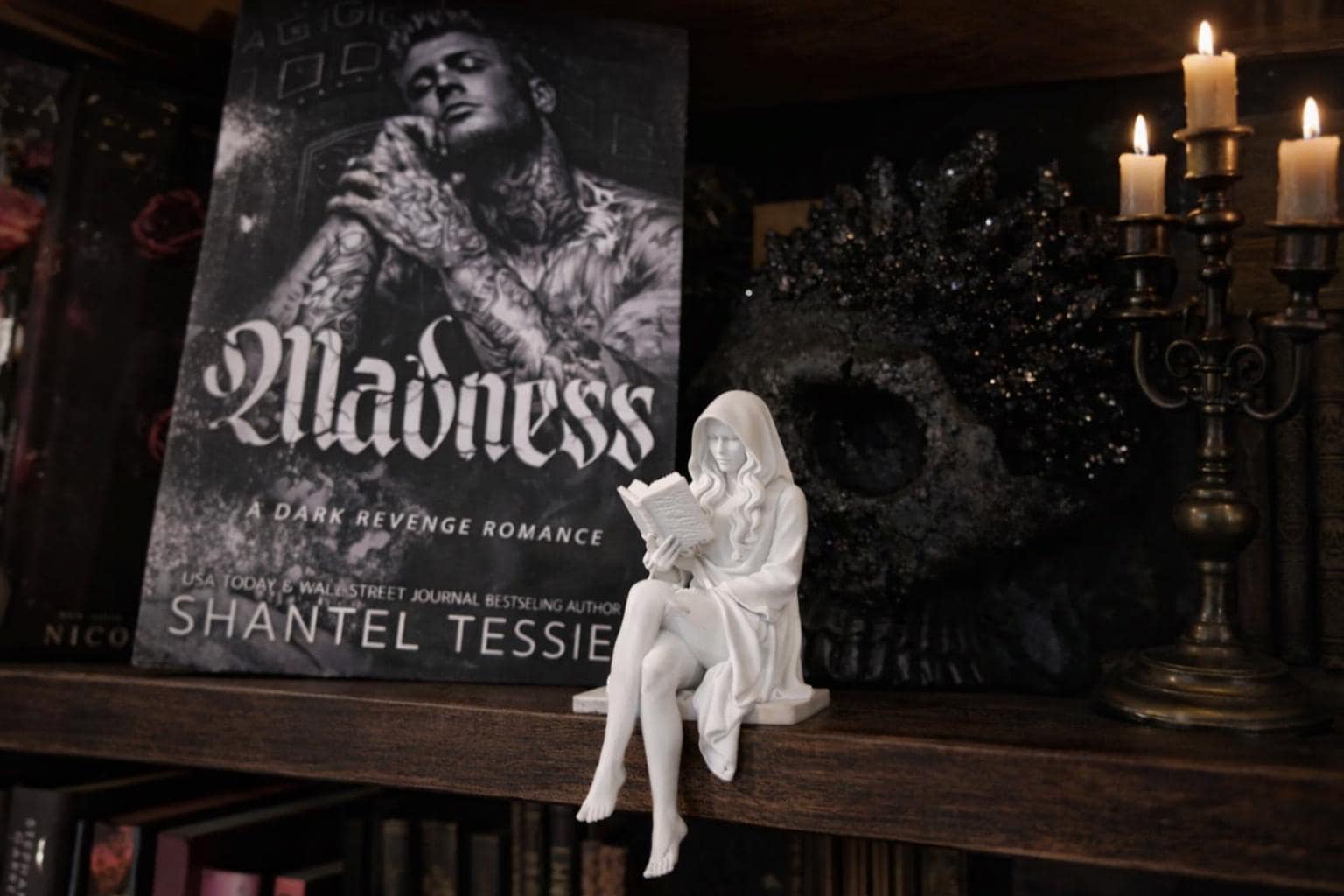 Dark Academia Book Nook Figurine, Hooded Woman Reading, Gothic Library Decor