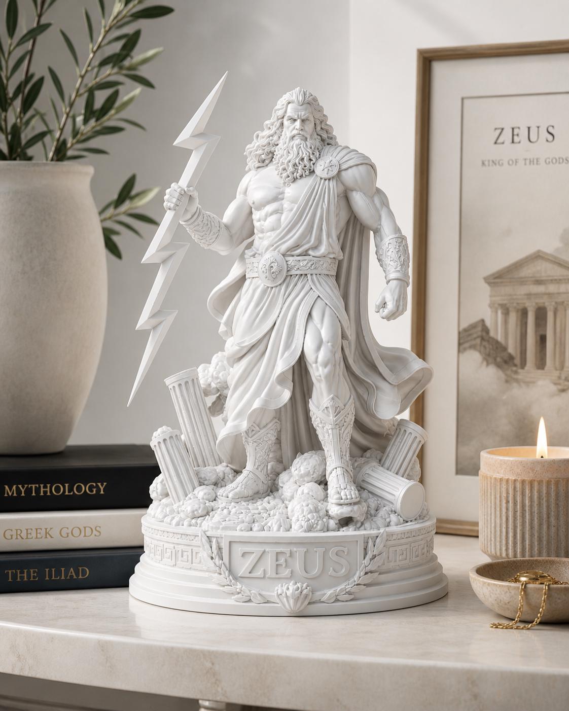 Zeus Statue: Greek God Sculpture with Lightning Bolt, Mythology Decor