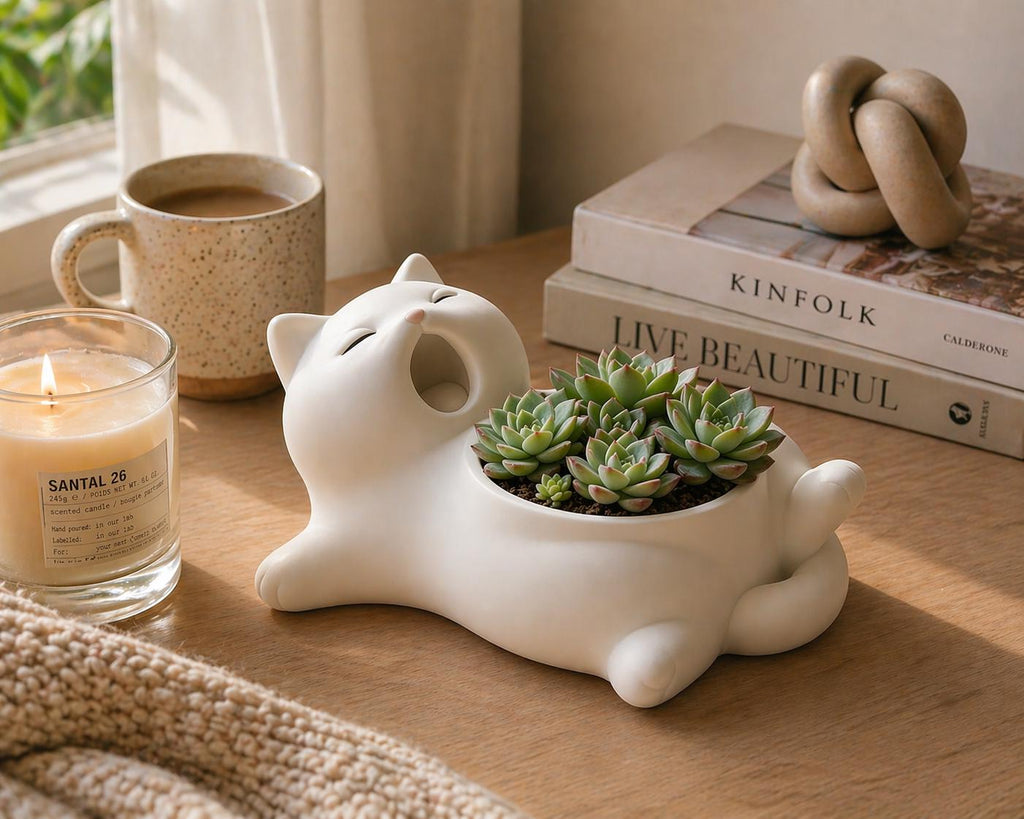 Sleepy Yawning Cat Planter, Succulent Pot, Cozy Desk Decor, Garden Decor