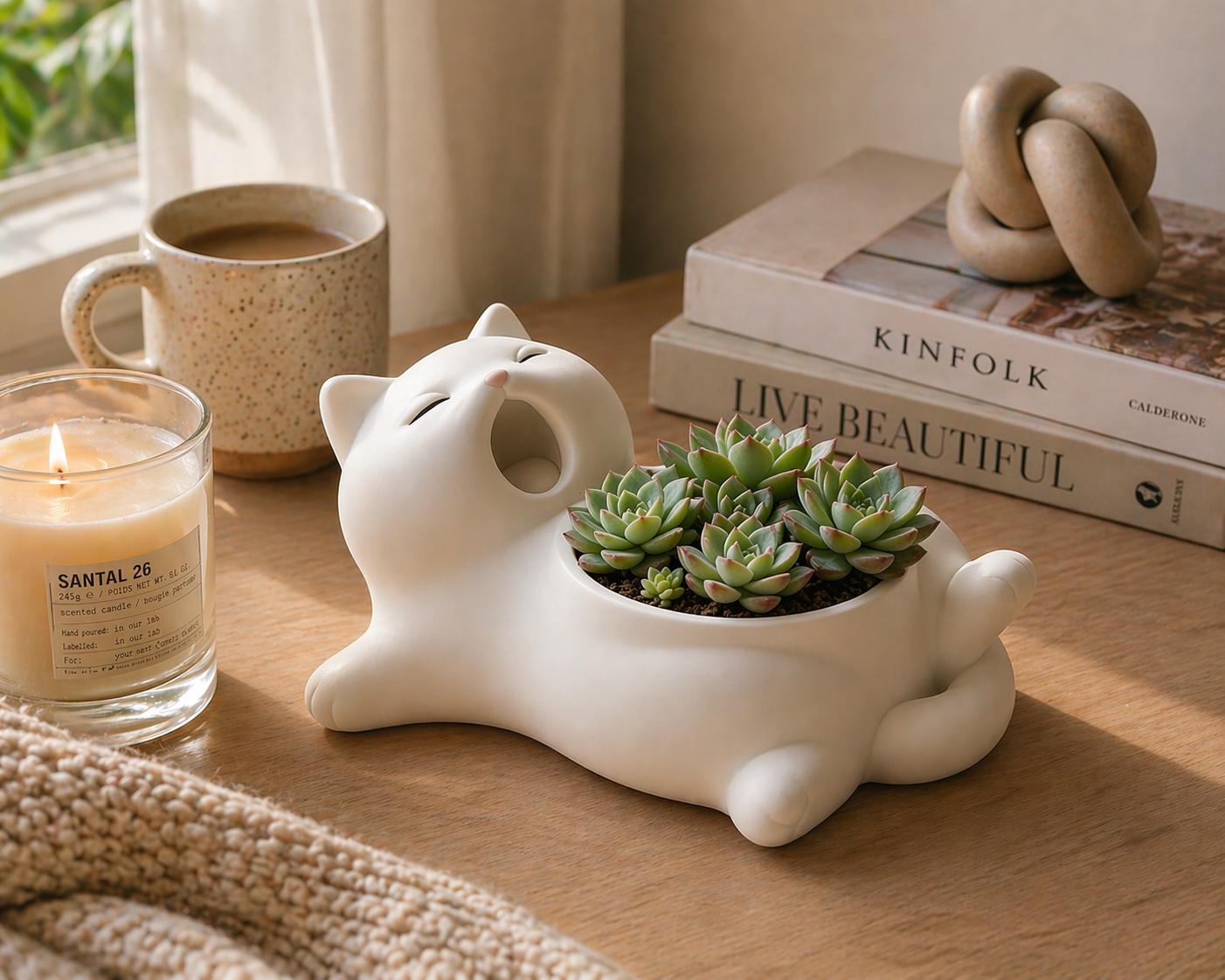 Sleepy Yawning Cat Planter, Succulent Pot, Cozy Desk Decor, Garden Decor