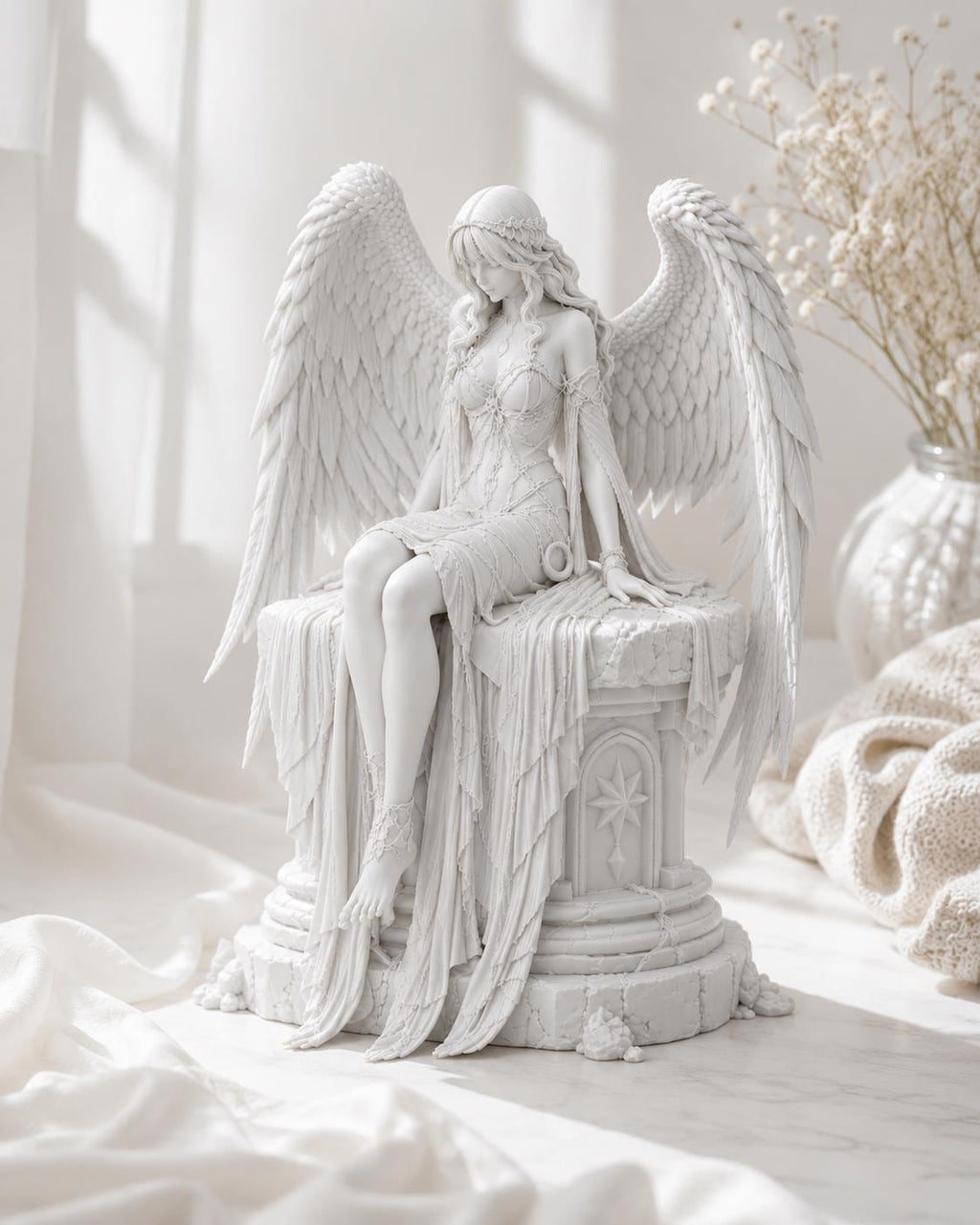 Dark Guardian Angel Statue, Gothic Fantasy Shelf Decor, White Angel Figurine