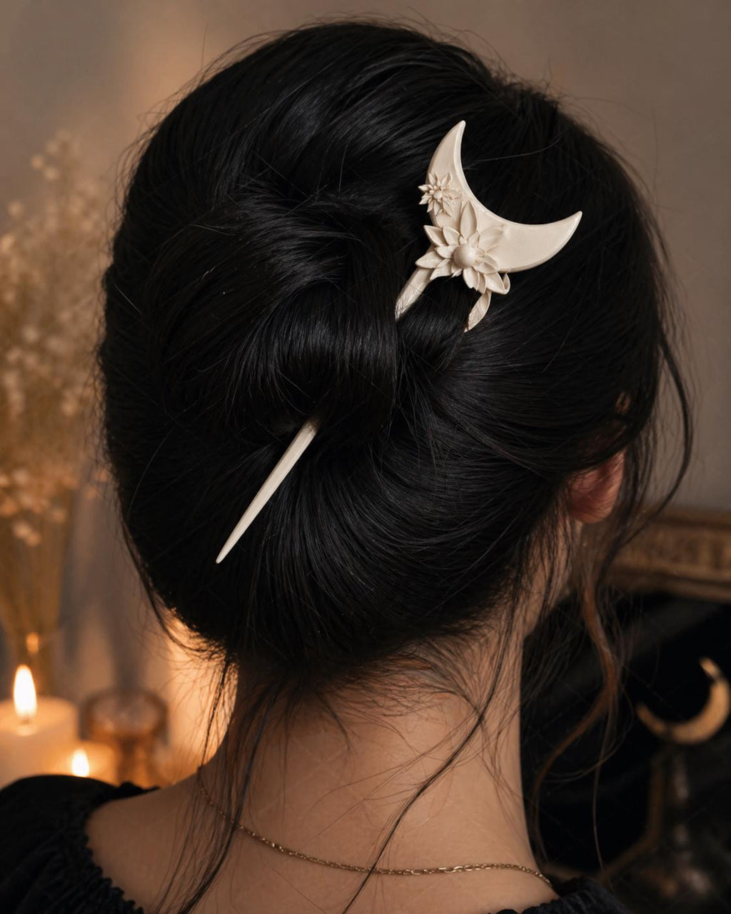 Floral Crescent Moon Hair Pin, Boho Witchy Bun Holder