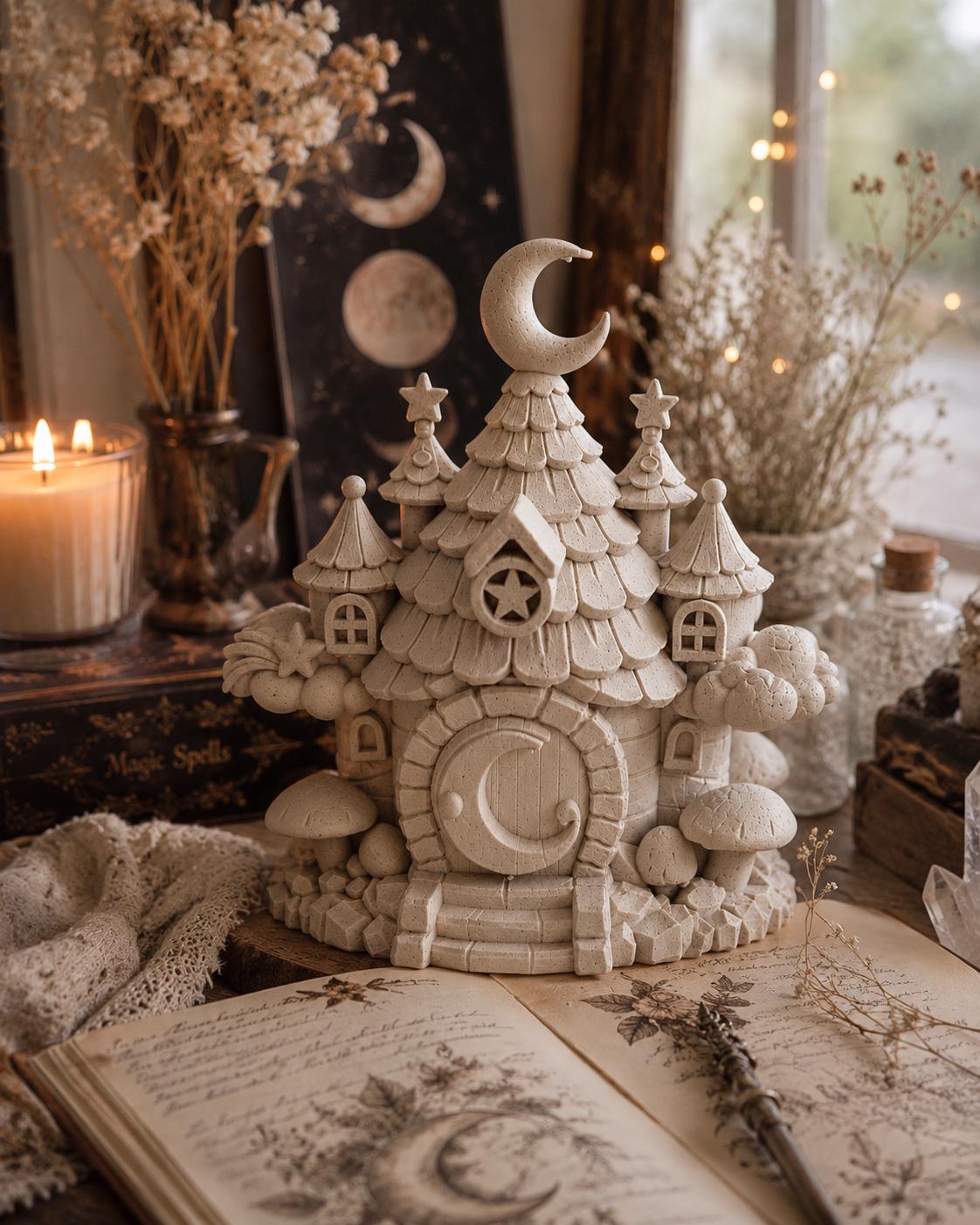 Moon Cottage Fairy House, Whimsical Fantasy Miniature, Cottagecore Desk Decor