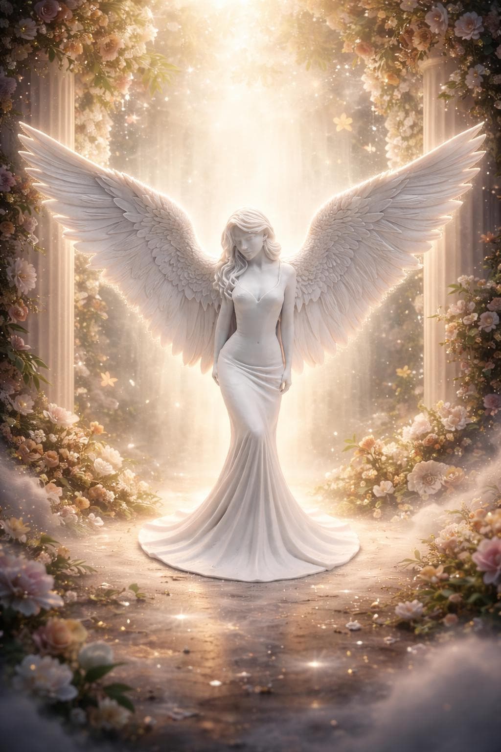 White Angel Statue, Gothic Winged Goddess Sculpture