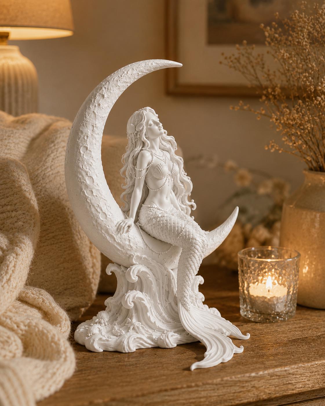 White Mermaid Statue, Coastal Beach House Decor, Ocean Inspired Figurine, Feminine Spa Home