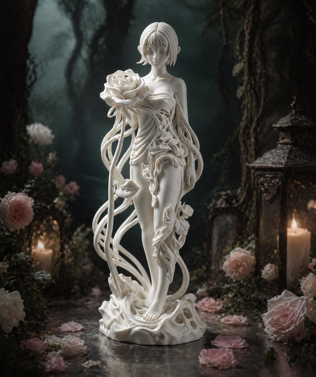 Rose Goddess Statue, Dark Feminine Sculpture, Anime Style Shelf Decor, Romantic Accent