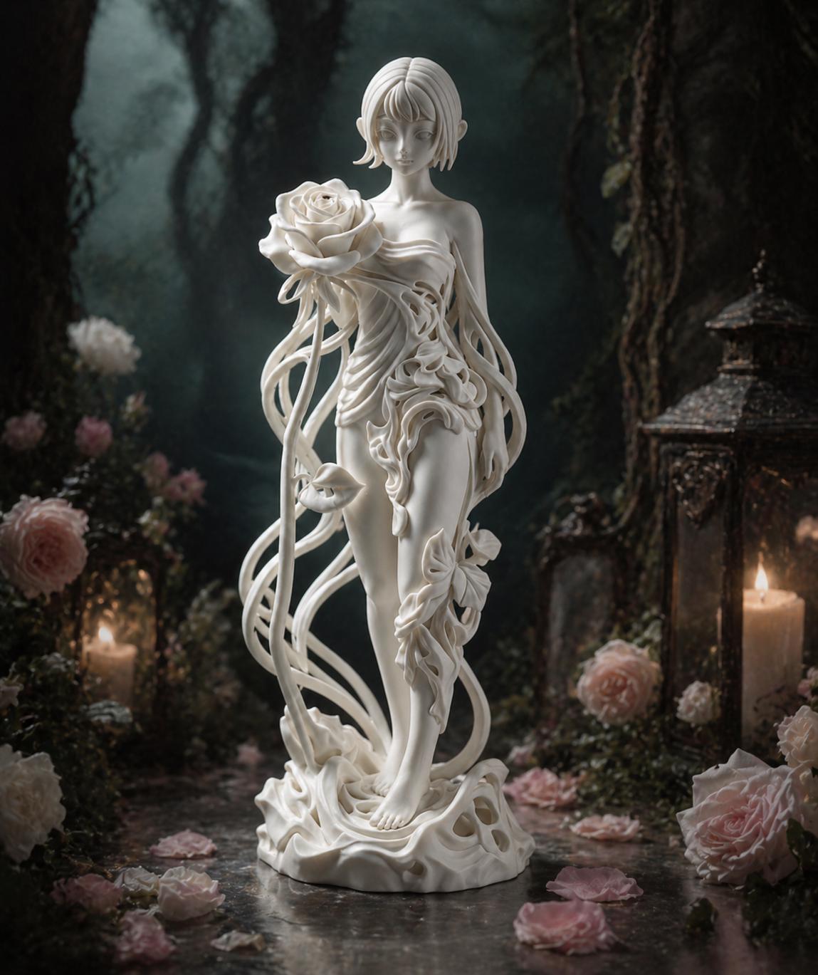 Rose Goddess Statue, Dark Feminine Sculpture, Anime Style Shelf Decor, Romantic Accent